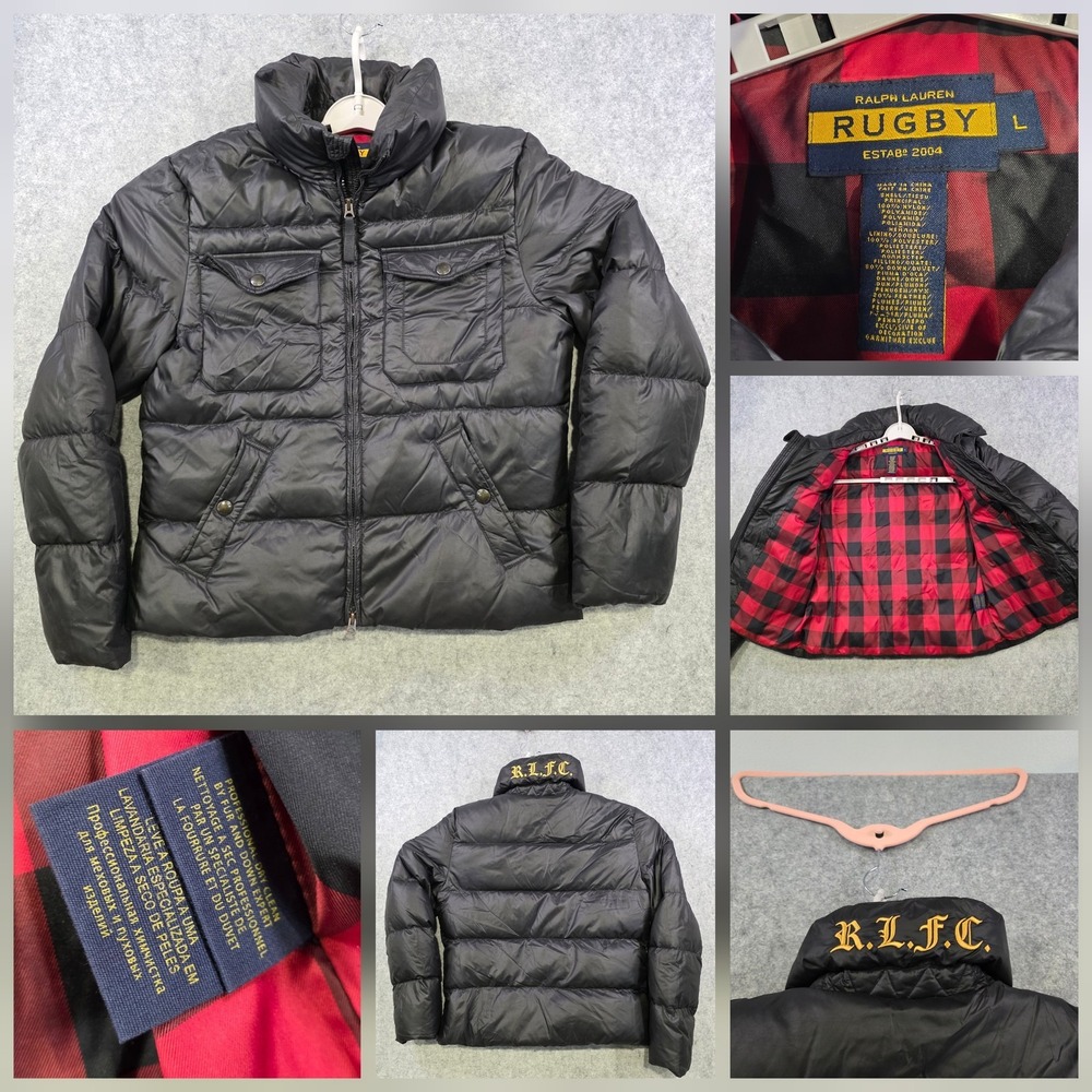 Rugby Ralph Lauren Jacket Womens Large Black Down Puffer RLFC Plaid Lined Collar